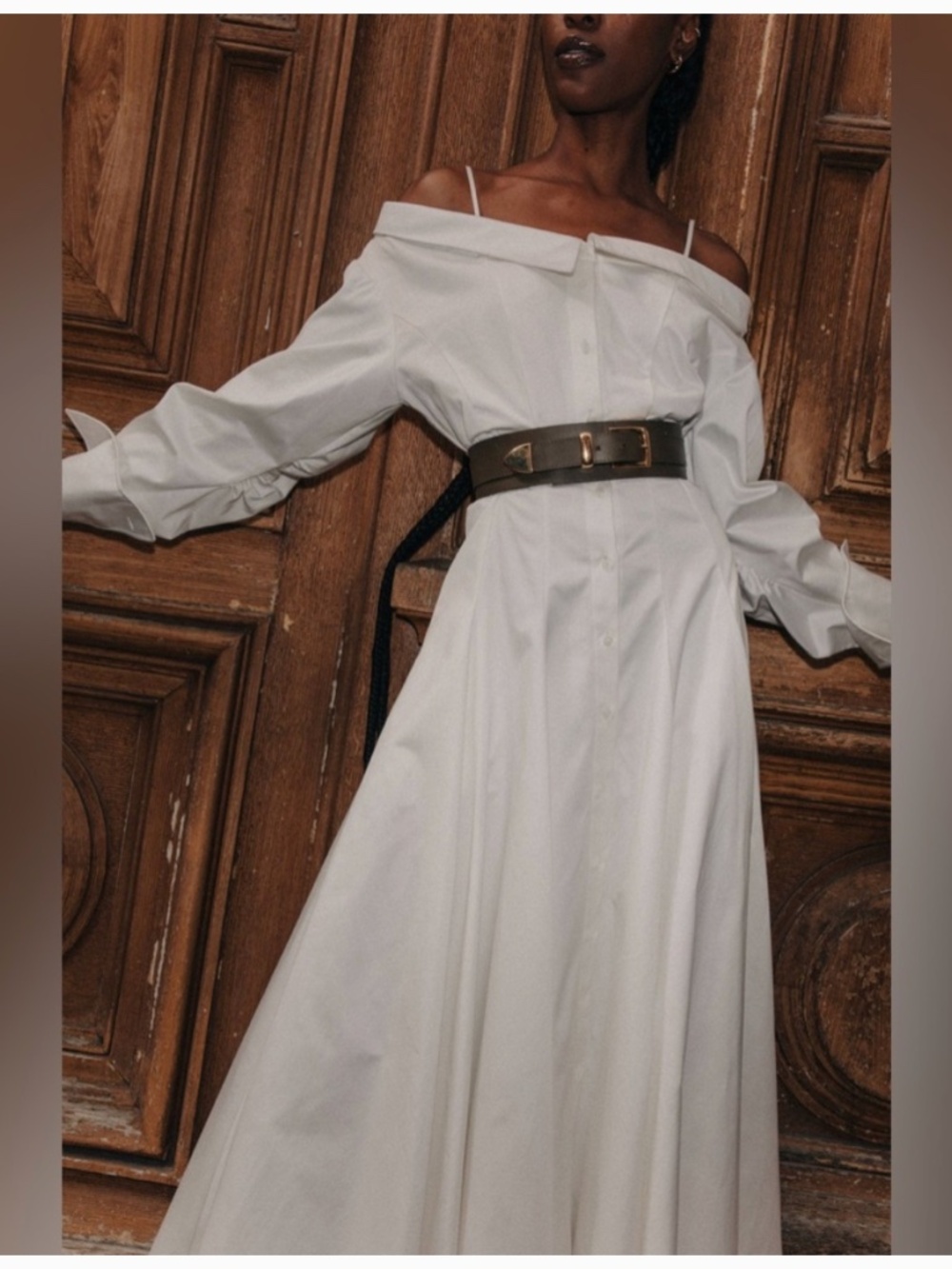 NWT Brandon Maxwell Off-Shoulder White Sz 6 Long Sleeve Cotton Midi Shirtdress - Picture 2 of 9
